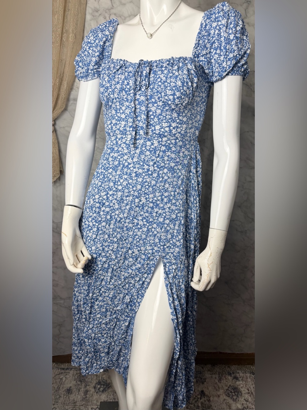 Cornflower Milkmaid Micro Florals Slit Lightweight Cottagecore Dress Summer XS